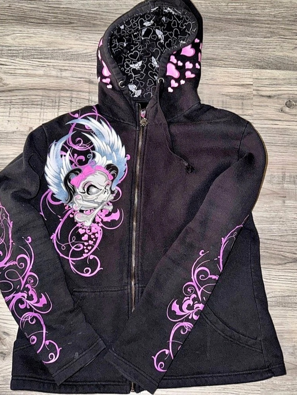 Lethal Angel Black & Pink Graphic Zip Hoodie Large